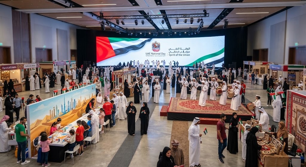 Traditional Al Ayala performers at a UAE National Day celebration